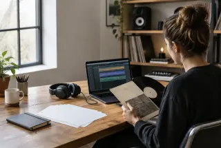 Personne organisant la sortie d’un disque sur un bureau de studio avec vinyle, ordinateur, casque audio et documents de travail.